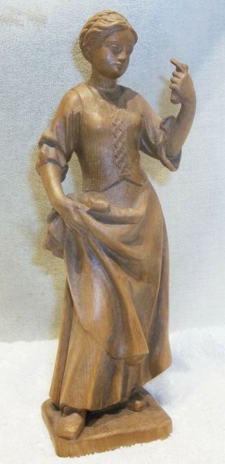 Vintage Swiss Or Black Forest Hand Carved Wood Woman W/ Bread Loaves Figure