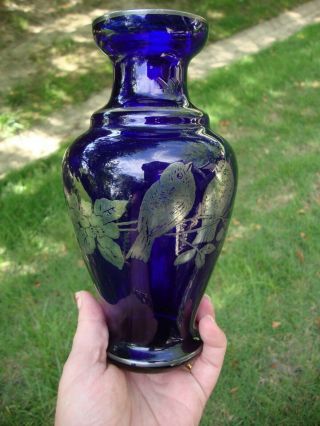 Antique Vtg Studio Art Glass Hand Blown Cobalt Blue Vase Sterling Silver Overlay