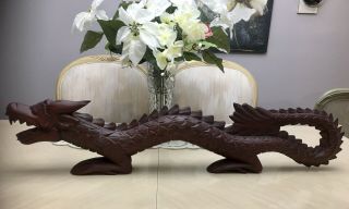 Vintage Chinese Hand Carved Wood Dragon Statue 39 " Long