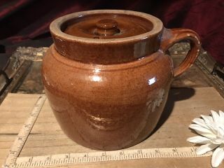 Antique Vintage Stoneware Bean Pot Crock Lid & Handle 2 Brown Glaze 7 1/2 " X6 "