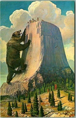Vintage Devils Tower Wyoming Postcard " Indian Legend " Artist 