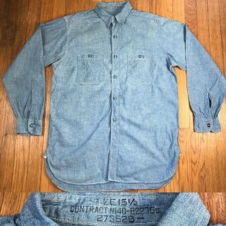Antique Vtg Ww2 Us Navy Military Chambray Denim 15 1/2 Unifrom Shirt Gusset Id’d