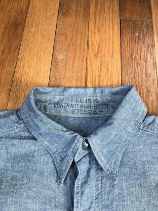 Antique Vtg WW2 US NAVY Military CHAMBRAY DENIM 15 1/2 Unifrom Shirt Gusset ID’D 6