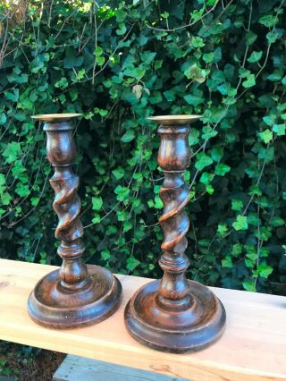 9 " Antique Twisted Oak Wood Brass Matching Pair Candlesticks 5 " Bases