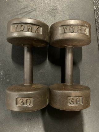 Vintage York 30 Pound Dumbbells Pre - Usa Roundhead 30 Lb Total Weight 60 Lb