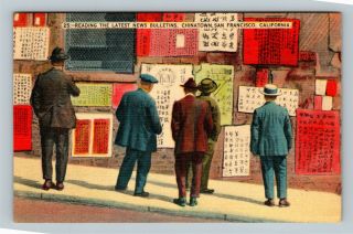 Reading News Bulletins,  Chinatown,  Vintage San Francisco California Postcard