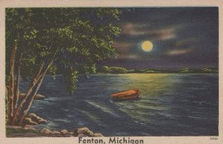 Fenton Michigan Moon On The Lake Canoe Boat White Border Vintage Postcard
