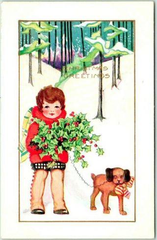 Vintage 1910s Whitney Christmas Greetings Postcard Girl / Holly / Dog -