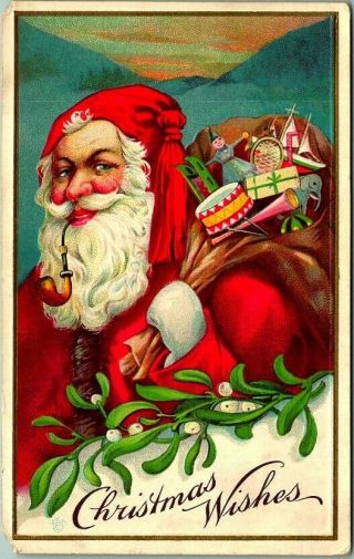 Vintage Christmas Postcard Santa Claus Smoking Pipe /big Bag Of Toys Stecher 61d