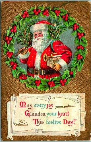 Vintage 1909 Christmas Postcard Santa Claus In Red Suit / Holly Wreath / Toys