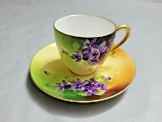 Antique T&v Limoges Hand Painted Purple Violets Golden Handle Tea Cup Saucer