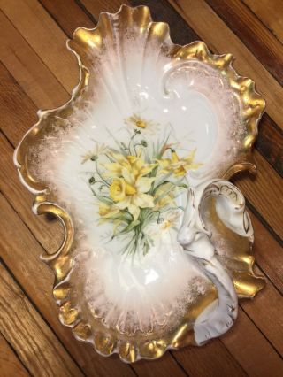 Antique Carl Tielsch Ct Germany Porcelain Serving Dish W/ Handle Gold Rim Floral
