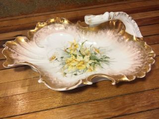 Antique Carl Tielsch CT Germany Porcelain Serving Dish w/ Handle Gold Rim Floral 2
