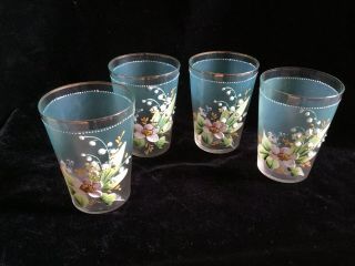 Victorian Hand Painted Flowers Gold Rimmed Drinking / Water Glass Set Of Four