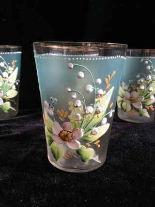 VICTORIAN HAND PAINTED FLOWERS GOLD RIMMED DRINKING / WATER GLASS SET OF FOUR 2