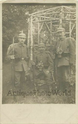 German Soldiers In Uniforms With Gas Masks And Bayonets Antique Wwi Rppc Photo