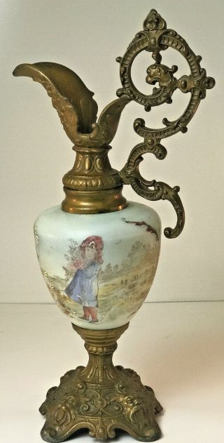 Vintage Antique Victorian Cast Metal Hand Painted Green Glass Ewer Urn 15 "