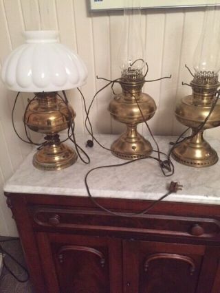 Antique Table Lamps,  Brass With White Glass Shades And Clear Hurricanes.