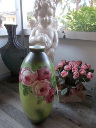 Antique Old Vintage Porcelain Vase Hand Painted Greens Pinks Roses 14 5/8 " Tall