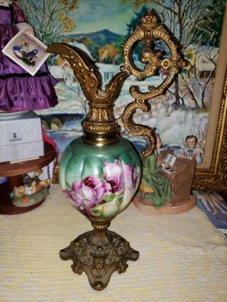Antique Victorian Style Ewer Cast Metal & Hand Painted Porcelain Urn Vase Decor