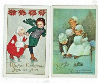 Set Of Two Vintage Christmas Postcards Old Fashioned Ice Skating