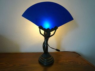 Vintage Art Deco Nude Lady Bronze Night Lamp,  Blue Shade,