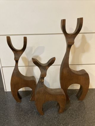 Vintage Wood Sculpture Deer Reindeer Family Of 3 Mid - Century Modern