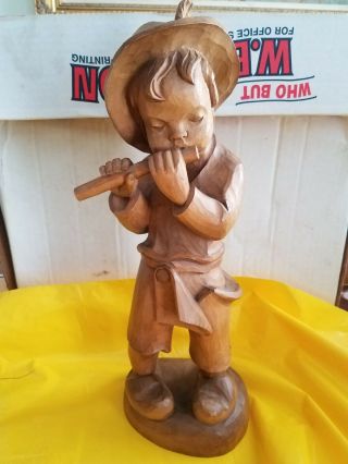 Vtg Oberammergau German Wood Carved Figure Boy With Flute Germany 15 "