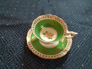 Green Royal Stafford Green And Gold Tea Cup & Saucer,  With Yellow Roses.