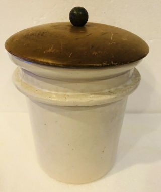 Vintage 8 " Tall Heavy Stoneware Crock Ivory Canister With Wood Lid Marked Usa
