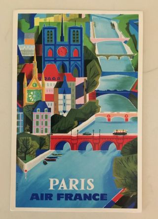 Vintage Air France Advertising Postcard Paris Notre Dame Bridges Vernier