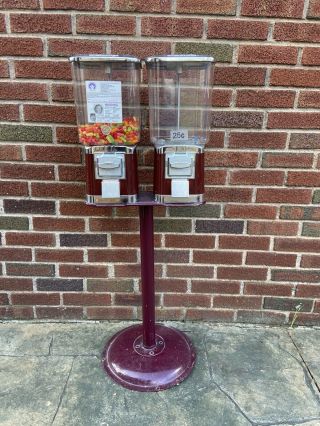 Vintage Double V - Line Gum Ball Candy Machine,  Stand,  25 Cents - Quarter