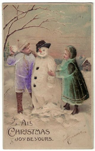 Snowman And Children - Vintage Postcard - Embossed 1900s All Christmas Be Yours
