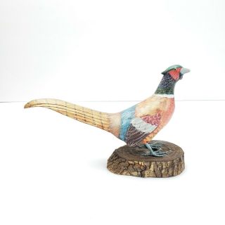 Vintage Ring Necked Pheasant Figurine Hand Painted Mounted On Wood
