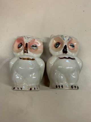Vintage Shawnee Pottery Winking Owl Salt And Pepper Shakers Brown Blue Peach