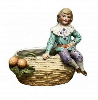 Antique German Bisque Porcelain Figurine Boy Sitting On Basket Golden Shoes