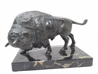 Exceptional Vintage,  Old Bronze Charging Buffalo Sculpture On Marble Base