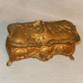 Ornate Nouveau Deco Heavy Antique Large Gilt Casket Jewelry Box Lined Metal 8 "