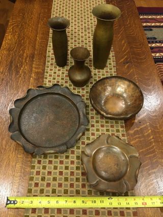 Vintage Arts And Crafts Hand Hammered Copper Plates And Vases