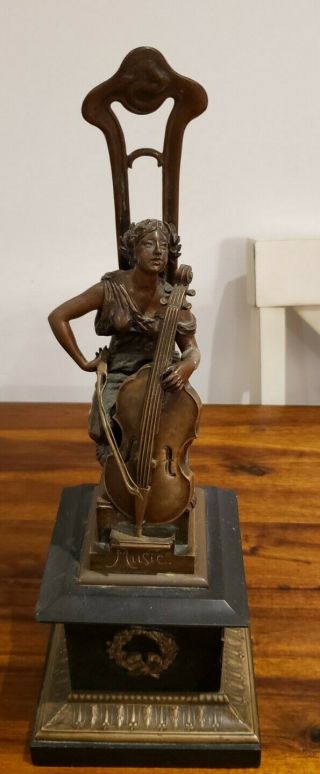 Antique Art Noveau Bronze Woman With Cello