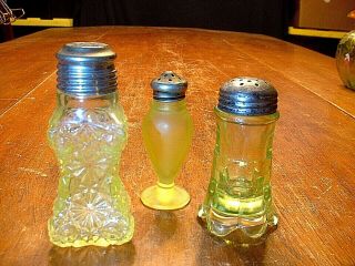 3 Antique Vaseline Glass Salt Shakers