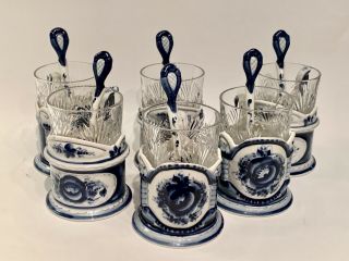 Vintage Russian Podstakannik Gzhel Porcelain Tea Glass Holders Set Of 6,  Signed