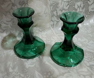Antique Depression Glass Green Candle Holders Christmas Decor Vintage 4.  5 " Tall