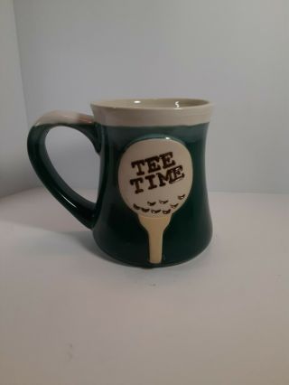 Tee Time Coffee Mug,  Green And White,  Golf Ball On Tee,  16 Ounce