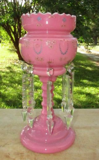 Antique Pink Cased Glass Mantle Luster Candle Holder With Prisms