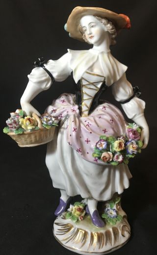 Antique German Dresden Volkstedt Lady Flowers Basket Porcelain Figurine Beauty