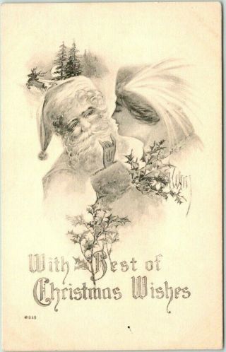 Vintage Christmas Postcard Santa Claus & Pretty Lady / Gartner & Bender C1910s