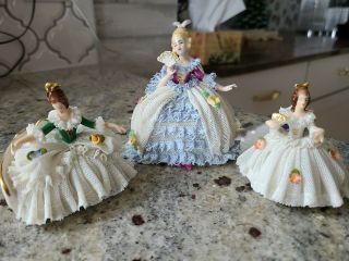 3 Dresden Germany Volkstedt Porcelain Lace Figurines