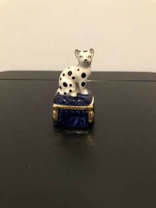 Adorable Fitz And Floyd Vintage 1981 Cat Sitting On A Blue Pillow Trinket Box