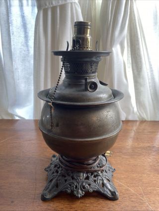 Antique Converted B&H - Bradley Hubbard Oil Desk Lamp Brass & Cast Iron Base 2
